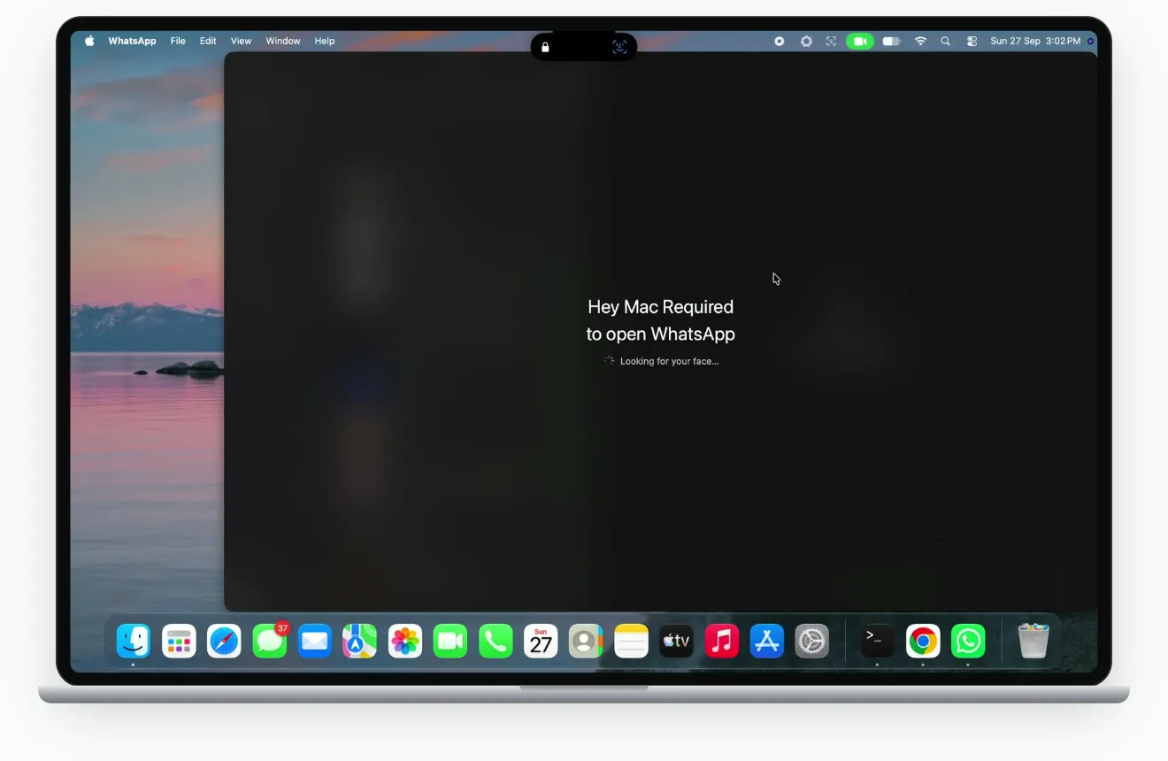 Hey Mac shielding WhatsApp with a message requesting face verification before opening the app